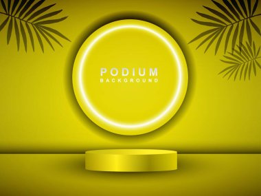 Boş sarı bir podyum havada süzülüyor. Arka planda neon bir halka var..