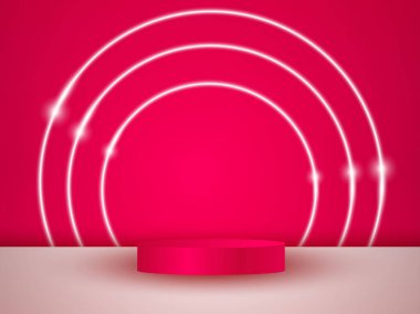 Boş pembe bir podyum havada süzülüyor. Arka planda neon bir halka var..
