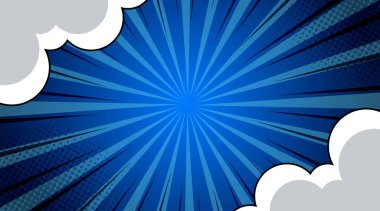 Bulutlu pop sanat arkaplanı. Çizgi film Vektör İllüstrasyonu