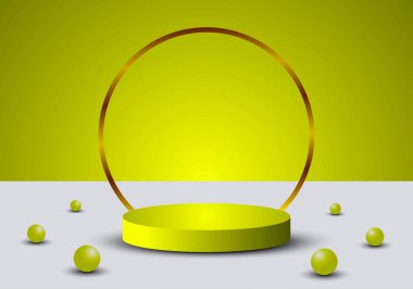 3 boyutlu silindirik kaidesel podyum, altın çember arka plan. Ürün sahne sergisi için en düşük sahne, tanıtım ekranı.