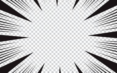 Radyal çizgiler çerçeve hız etki vektörüyle çizgi roman mangası şeffaf arkaplan. Patlama anime çizgi roman deseni. Vektör illüstrasyonu EPS 10.