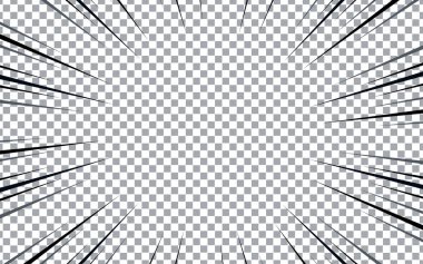 Radyal çizgiler çerçeve hız etki vektörüyle çizgi roman mangası şeffaf arkaplan. Patlama anime çizgi roman deseni. Vektör illüstrasyonu EPS 10.