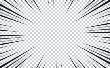 Şeffaf manga arka planı. Çizgi roman patlaması, hareket hızı vektör radyal çizgi etkisi. Anime çizgi roman soyut çerçeve siyah desenli süper kahraman aksiyon çizgileri.