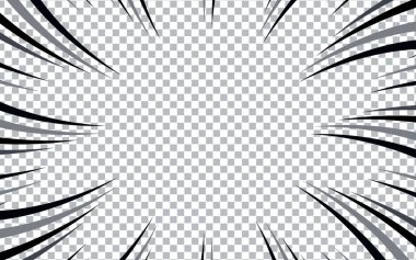 Şeffaf manga arka planı. Çizgi roman patlaması, hareket hızı vektör radyal çizgi etkisi. Anime çizgi roman soyut çerçeve siyah desenli süper kahraman aksiyon çizgileri.