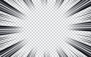 Radyal çizgiler çerçeve hız etki vektörüyle çizgi roman mangası şeffaf arkaplan. Patlama anime çizgi roman deseni.