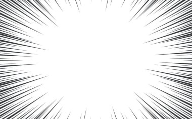 Çizgi romanlar için radikal çizgiler arka planı. Manga hız çerçevesi, patlama arkaplanı. Siyah ve beyaz vektör çizimi