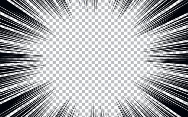 Radyal çizgiler çerçeve hız etki vektörüyle çizgi roman mangası şeffaf arkaplan. Patlama anime çizgi roman deseni.