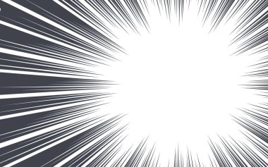 Çizgi roman ve manga hız çizgileri arkaplanı. Manga hız çerçevesi, Süper Kahraman hareketi, patlama arka planı. Siyah ve beyaz vektör çizimi