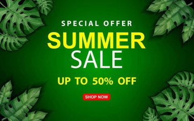 Tropikal yapraklı Summer Sale Banner. Vektör illüstrasyonu EPS 10.
