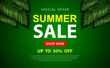 Tropikal yapraklı Summer Sale Banner. Vektör illüstrasyonu EPS 10.