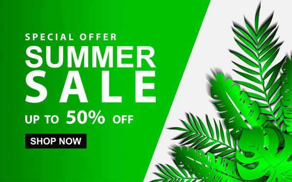 Tropikal yapraklı Summer Sale Banner. Vektör illüstrasyonu EPS 10.