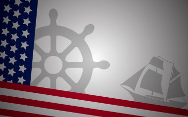 Columbus Günü temalı arka planda gemiler ve Amerikan bayrağı