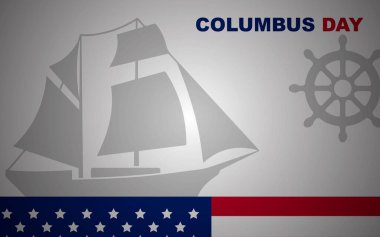 Amerikan bayrak renkleri ve bir yelkenli ve direksiyon simidinin silüeti olan Columbus Günü.