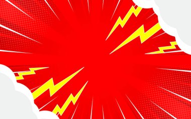 Kırmızı mizah arka planı ve bulutların arkasında yıldırım süslemesi.