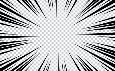 Şeffaf arkaplanda siyah çizgileri olan çizgi roman sayfası. Şimşek patlaması ışın etkisi desenli şablon.