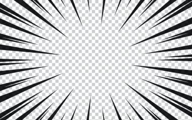 Manga hareketli radyal çizgiler. Anime aksiyon çerçevesi çizgileri. Şeffaf arkaplanda hız çizgileri olan soyut patlayıcı dikdörtgen şablonu.