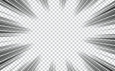 Manga şeffaf arkaplan, patlama eylemi ve hız etkisi, vektör radyal çizgiler. Manga çizgi roman arkaplanı
