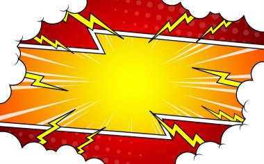 Çizgi roman sayfası şablonu ışınlarla, radyanslarla, yarım tonlarla ve çeşitli renklerde noktalarla dolu. Pop sanat tarzı. Vektör illüstrasyonu