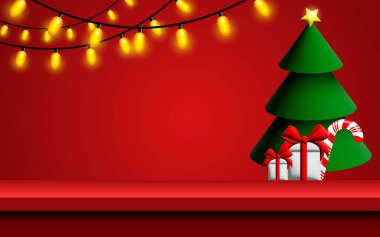 Noel tatili geçmişi. Noel ağacı çerçevesi. Kırmızı süsler ve Noel ışıkları.