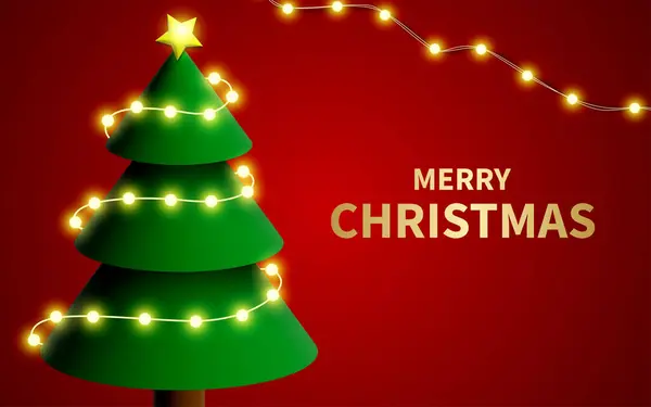 Kırmızı arka planda Mutlu Noeller yazılı. Işıklarla aydınlatılmış yeşil Noel ağacı