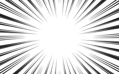 Beyaz arka planda izole edilmiş hareket radyal çizgileri. Çizgi roman tarzı, Manga aksiyon çerçeve çizgileri. Çizgi film şablonu tasarımı. Siyah ve beyaz vektör çizimi