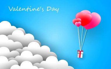 Gökyüzünde yüzen kalp balonlarıyla aşk ve sevgililer günü tasviri. Vektör illüstrasyonu