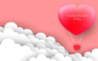 Kağıt sanatı tarzı aşk konsepti gökyüzünde uçan balonlu tebrik kartı. Vektör illüstrasyonu.