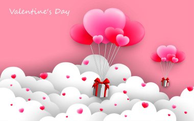 Gökyüzünde kalp balonları yüzen hediye kutusu, Sevgililer Günü afişi. vektör illüstrasyonu