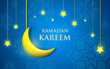 Ramazan Kareem tasarımı. Ramazan ayı kutlaması için arka planda altın ay ve yıldızlı Ramazan illüstrasyonları.