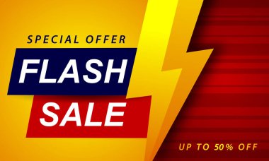 Flaş satış afişi tasarımı. % 50 'ye kadar indirim, özel teklif afişi. vektör illüstrasyonu.