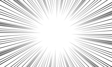 Çizgi roman için radikal çizgiler arkaplanı. Manga hız çerçevesi, süper kahraman hareketi. Siyah ve beyaz vektör çizimi