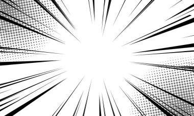 Çizgi roman için radikal çizgiler arkaplanı. Manga hız çerçevesi, süper kahraman hareketi. Siyah ve beyaz vektör çizimi