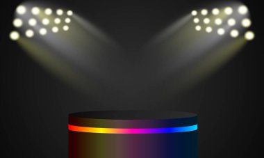 Ürün sunumu için karanlıkta parlayan aydınlık çerçeveli boş podyum. 3B illüstrasyon oluşturma