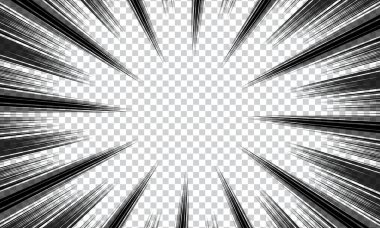 Radyal çizgileri olan soyut bir çizgi roman şeffaf arka planda yıldırım patlaması. Süper kahraman tasarım vektör çizimi.
