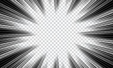 Çizgi roman için hareket radyal çizgileri arka planı. Manga hız çerçevesi, süper kahraman hareketi, patlama arka planı. Vektör illüstrasyonu