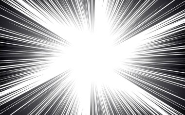 Beyaz arka planda siyah çizgileri olan çizgi roman sayfası. Şimşek patlaması desenli ışın etkisi dokusu. Vektör illüstrasyonu