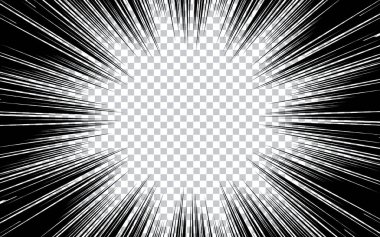 Manga eylem çerçevesi Şeffaf arkaplan üzerinde hareketli radyal çizgiler soyut patlama şablonu pankartı Siyah ve beyaz monokrom vektör yansıması