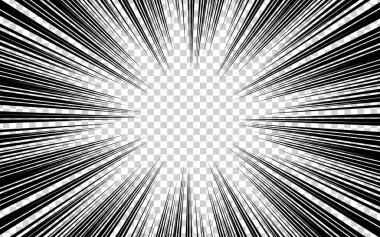 Şeffaf arkaplanda radyal çizgileri olan soyut çizgi roman. Süper kahraman tasarım vektör çizimi. Hız çizgileri olan manga çerçeve.