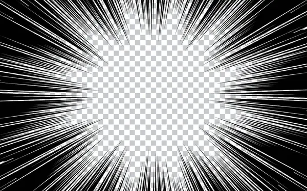 Manga eylem çerçevesi Şeffaf arkaplan üzerinde hareketli radyal çizgiler soyut patlama şablonu pankartı Siyah ve beyaz monokrom vektör yansıması