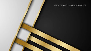 Üç boyutlu soyut arka plan, siyah arkaplanda parlak altın çizgilerle örtüşüyor. Lüks bir şekilde. Vektör illüstrasyonu
