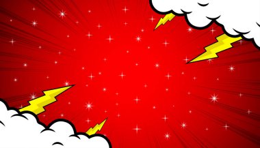 karikatür tarzı bulutlar, şimşekler ve yıldızların dizaynı ile çizgi film arkaplanı. 