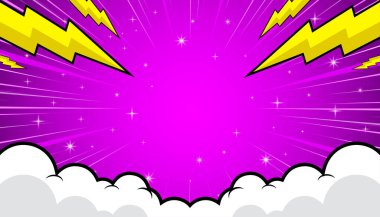 Bulutların, yıldırımların ve yıldızların çizgi film tasarımlı arka planı. vektör illüstrasyonu.