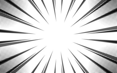 Radyal yarım tonlu soyut manga mizahı. Pop art yarım ton doku arka planı. Vektör illüstrasyonu.