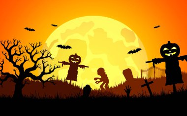 Cadılar Bayramı arka plan tasarımı ürkütücü atmosfer, balkabağı, Cadılar Bayramı silueti tasarımı.