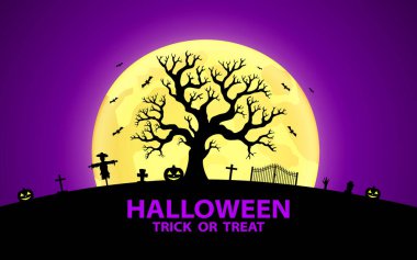 Cadılar Bayramı afiş tasarımı balkabağı, hayalet, uçan yarasa, gece dolunay sırasında. vektör illüstrasyonu.