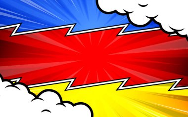 Bulutlu renkli pop sanat arkaplan paneli. Vektör İllüstrasyonu.