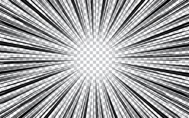 Çizgi roman ve manga kitapları, hız çizgileri, şeffaf arka plan. Süper kahraman hareketi, patlama geçmişi. Vektör illüstrasyonu.