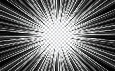 Siyah beyaz çizgi roman arka planında radyal ışınları olan soyut çizgi roman