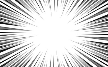 Radyal hız çizgileri arkaplanı. Çizgi roman çizgileri duvar kağıdı. Soyut siyah ve beyaz yıldırım etkisi çerçeve tasarımı. Manga ya da çizgi film güneş ışınları.