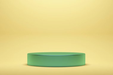 Sarı arka planda metal podyum. Ürün tanıtımı için fon tasarımı. 3d oluşturma
